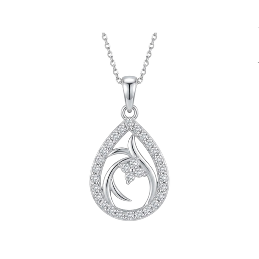 A silver teardrop pendant necklace featuring a floral design set with clear diamonds, suspended from a delicate silver chain against a plain white background.