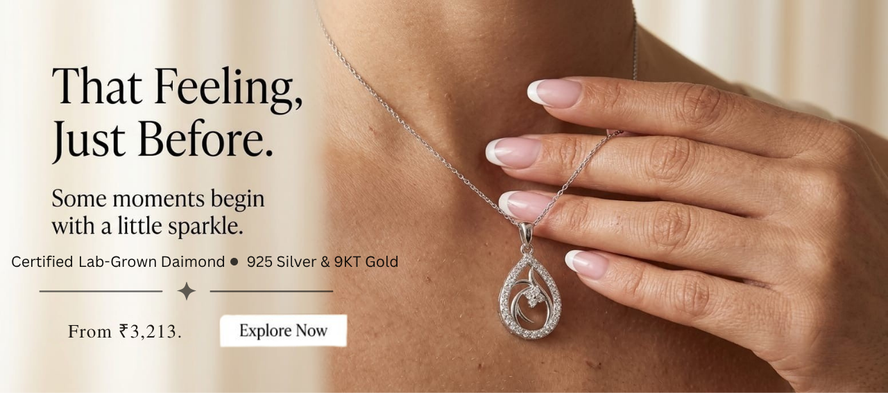 A close-up lifestyle shot of a woman's neck and hand holding a silver teardrop pendant necklace with a clear gemstone. The image includes promotional text on the left reading 'That Feeling, Just Before.