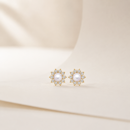 Pearl Blossom Diamond Floral Stud Earrings