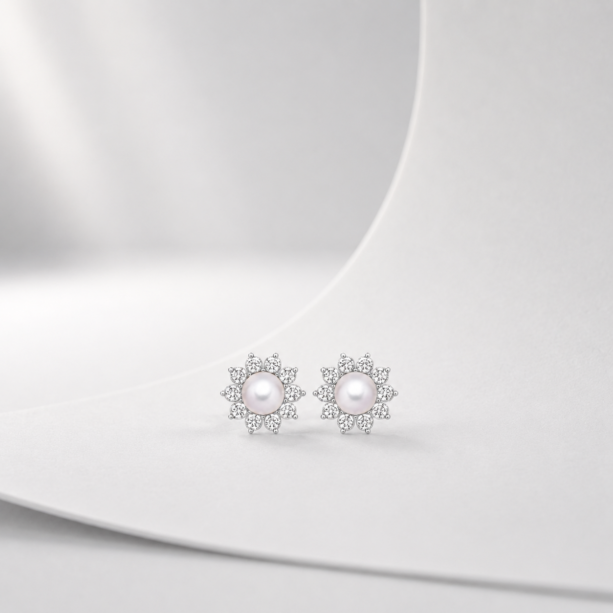 Pearl Blossom Diamond Floral Stud Earrings
