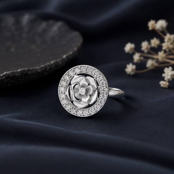 A silver-tone ring featuring a circular flower motif with a halo of small clear diamonds, displayed on a dark navy fabric surface with decorative dried flowers and a dark textured dish in the background.