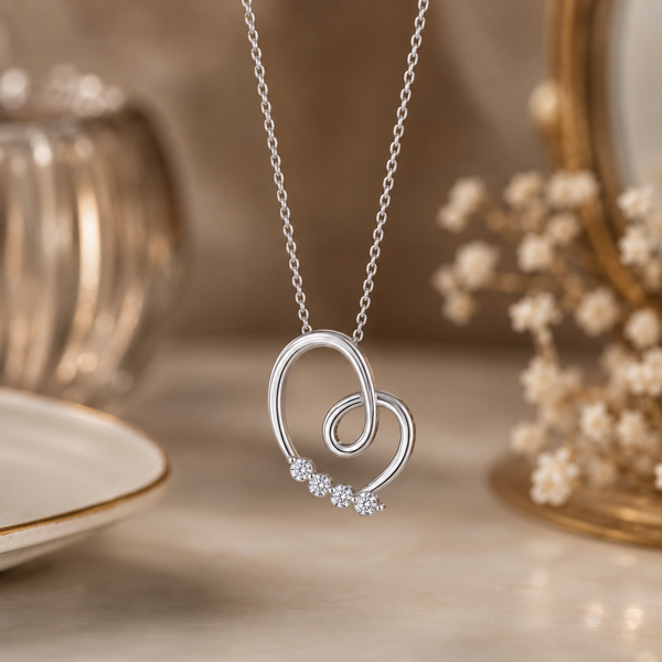 A silver necklace with a double interlocking heart pendant and small clear diamond, displayed on a soft beige surface with blurred decorative objects in the background.