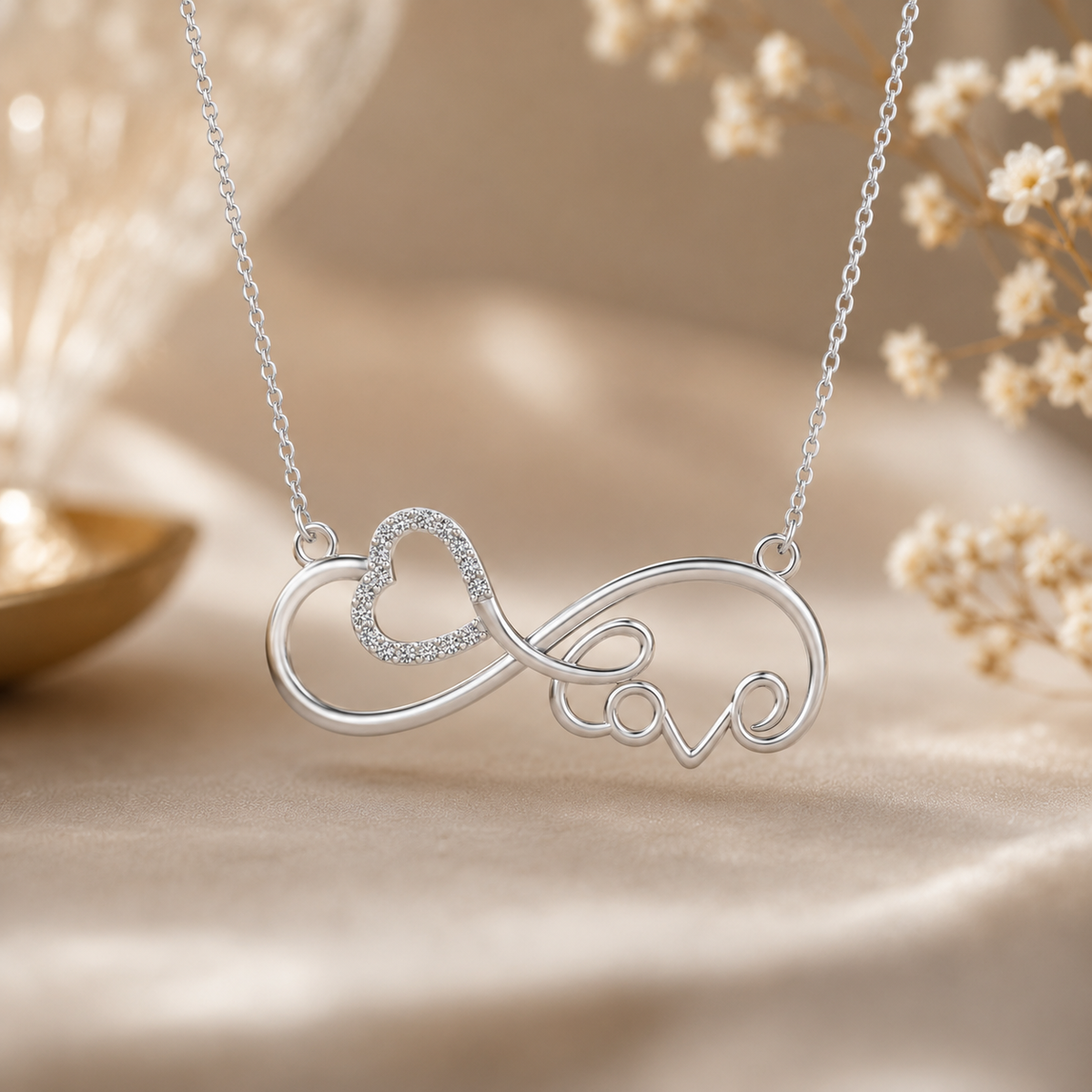 A silver infinity-style pendant necklace with one heart-shaped loop set with small clear diamond and the other loop forming the word "love," shown on a soft beige fabric background with blurred dried flowers.