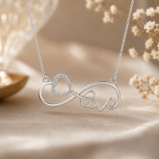 A silver infinity-style pendant necklace with one heart-shaped loop set with small clear diamond and the other loop forming the word "love," shown on a soft beige fabric background with blurred dried flowers.