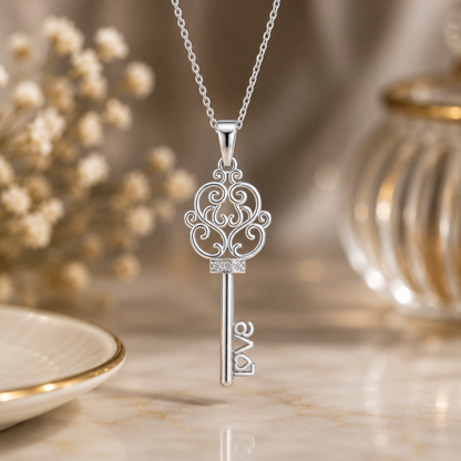 A silver key-shaped pendant diamond  necklace with ornate scrollwork and the word 'love' engraved on the key bit, displayed on a marble surface with soft-focus decorative props in the background.