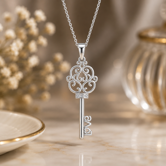 A silver key-shaped pendant diamond  necklace with ornate scrollwork and the word 'love' engraved on the key bit, displayed on a marble surface with soft-focus decorative props in the background.