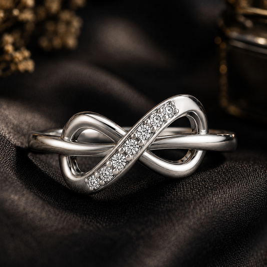 A polished silver infinity-style ring with a row of clear stones along one loop, photographed on dark draped fabric with blurred decorative elements in the background.