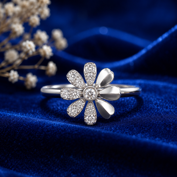 A silver flower-shaped ring with pavé-set clear stones and a central round stone, displayed on a deep blue velvet surface with dried white flowers in the background.