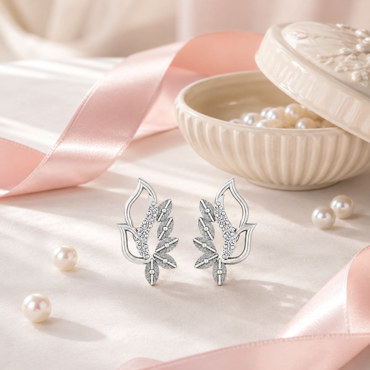 Nature's Whisper Leaf Diamond Stud Earrings