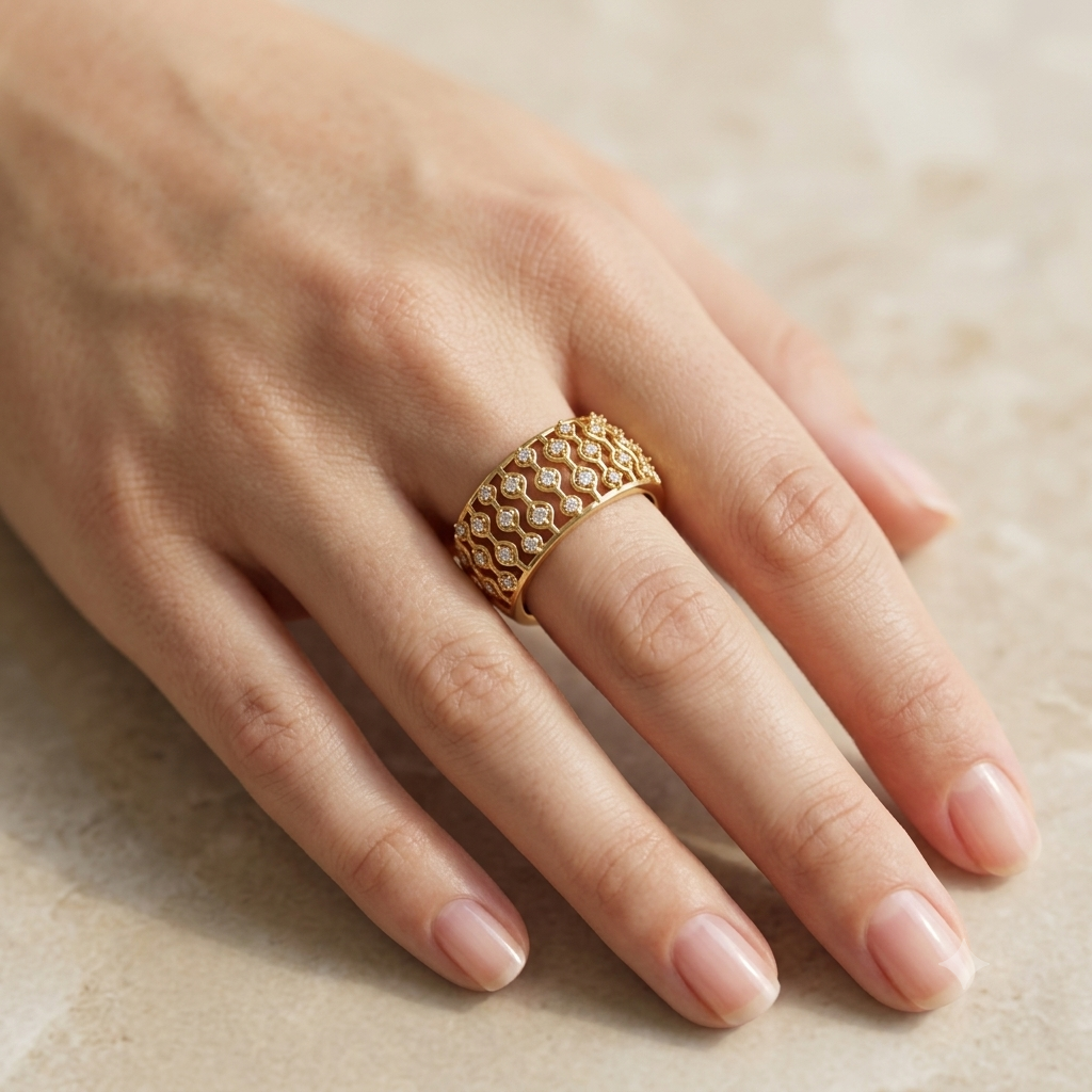 Kashish Royal Jali Lattice Wide Diamond Band Ring