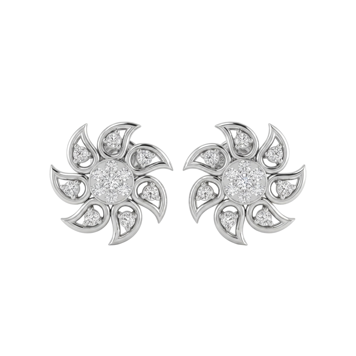 A pair of silver-toned flower-shaped stud diamonds earrings set with clear round-cut diamonds, displayed on a clean white background.