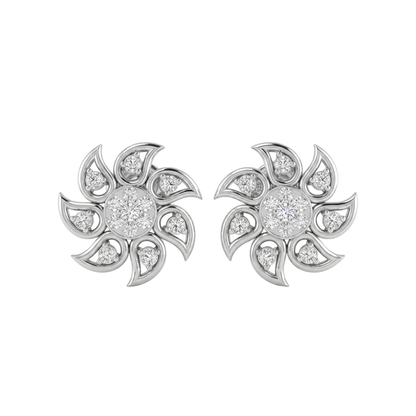 A pair of silver-toned flower-shaped stud diamonds earrings set with clear round-cut diamonds, displayed on a clean white background.