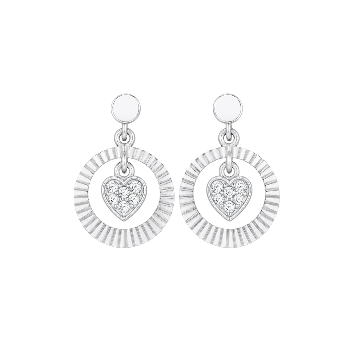 A pair of silver-tone dangle diamond  earrings featuring a textured circular outer ring and a smaller heart-shaped charm paved with clear diamond , shown on a plain white background.