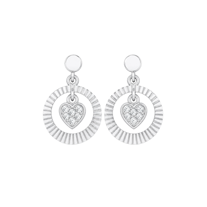 A pair of silver-tone dangle diamond  earrings featuring a textured circular outer ring and a smaller heart-shaped charm paved with clear diamond , shown on a plain white background.