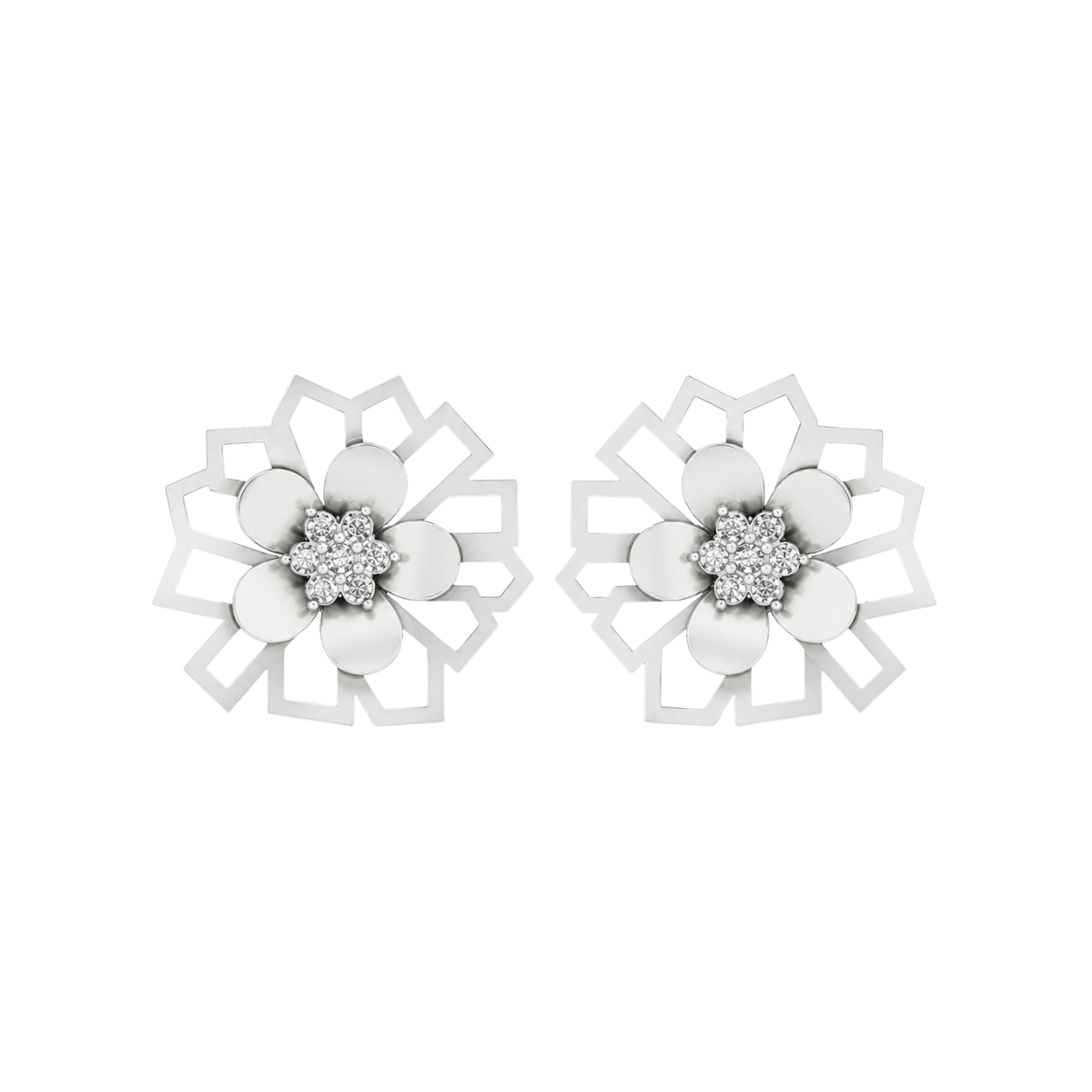 A pair of silver-toned geometric flower stud diamond  earrings with clear diamonds centers, displayed on a solid white background.