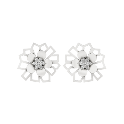 A pair of silver-toned geometric flower stud diamond  earrings with clear diamonds centers, displayed on a solid white background.
