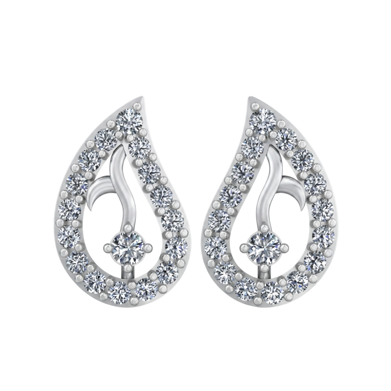 A pair of silver teardrop-shaped stud diamond earrings adorned with clear pavé diamond and a central round-cut stone, shown on a plain white background.