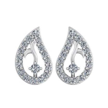 A pair of silver teardrop-shaped stud diamond earrings adorned with clear pavé diamond and a central round-cut stone, shown on a plain white background.