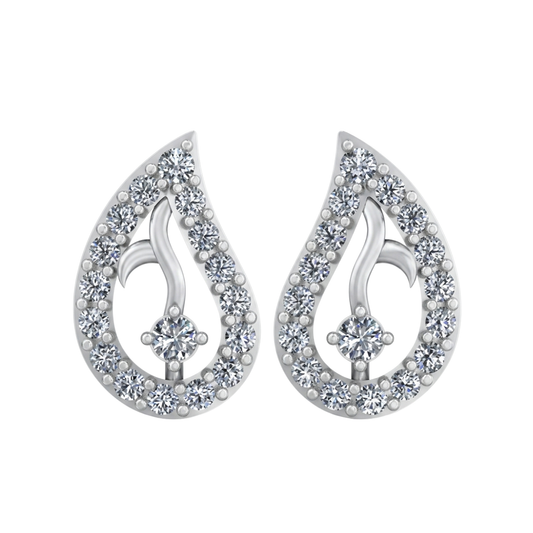A pair of silver teardrop-shaped stud diamond earrings adorned with clear pavé diamond and a central round-cut stone, shown on a plain white background.