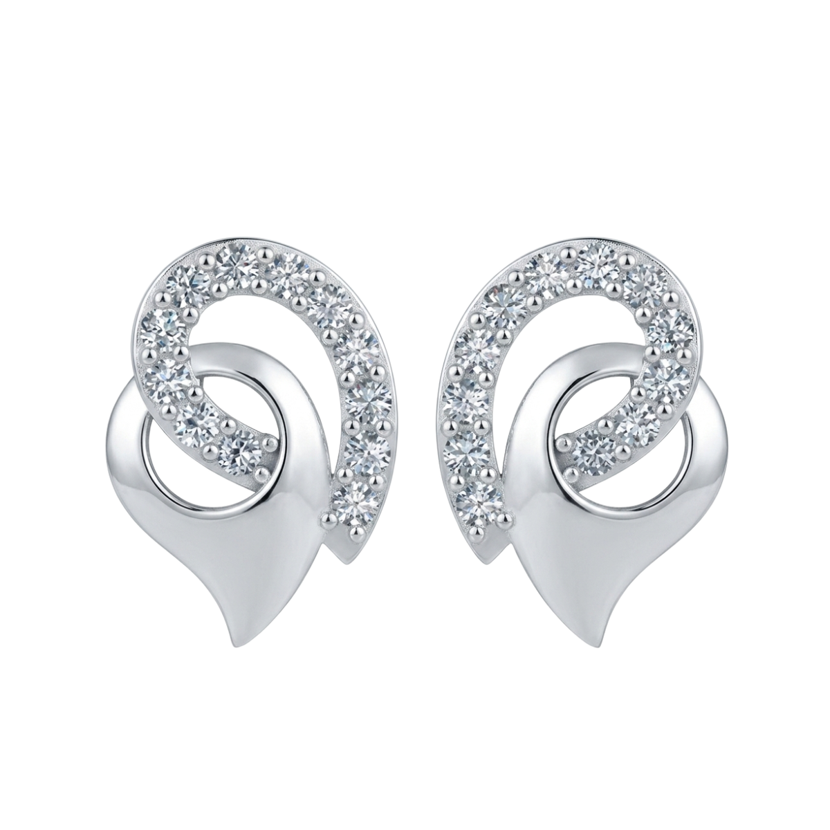 A pair of silver-toned double-loop stud diamond earrings, each adorned with a curved row of clear pavé-set diamond  on one side and a smooth polished metal curve on the other, set against a plain white background.