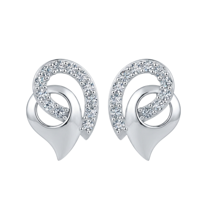 A pair of silver-toned double-loop stud diamond earrings, each adorned with a curved row of clear pavé-set diamond  on one side and a smooth polished metal curve on the other, set against a plain white background.