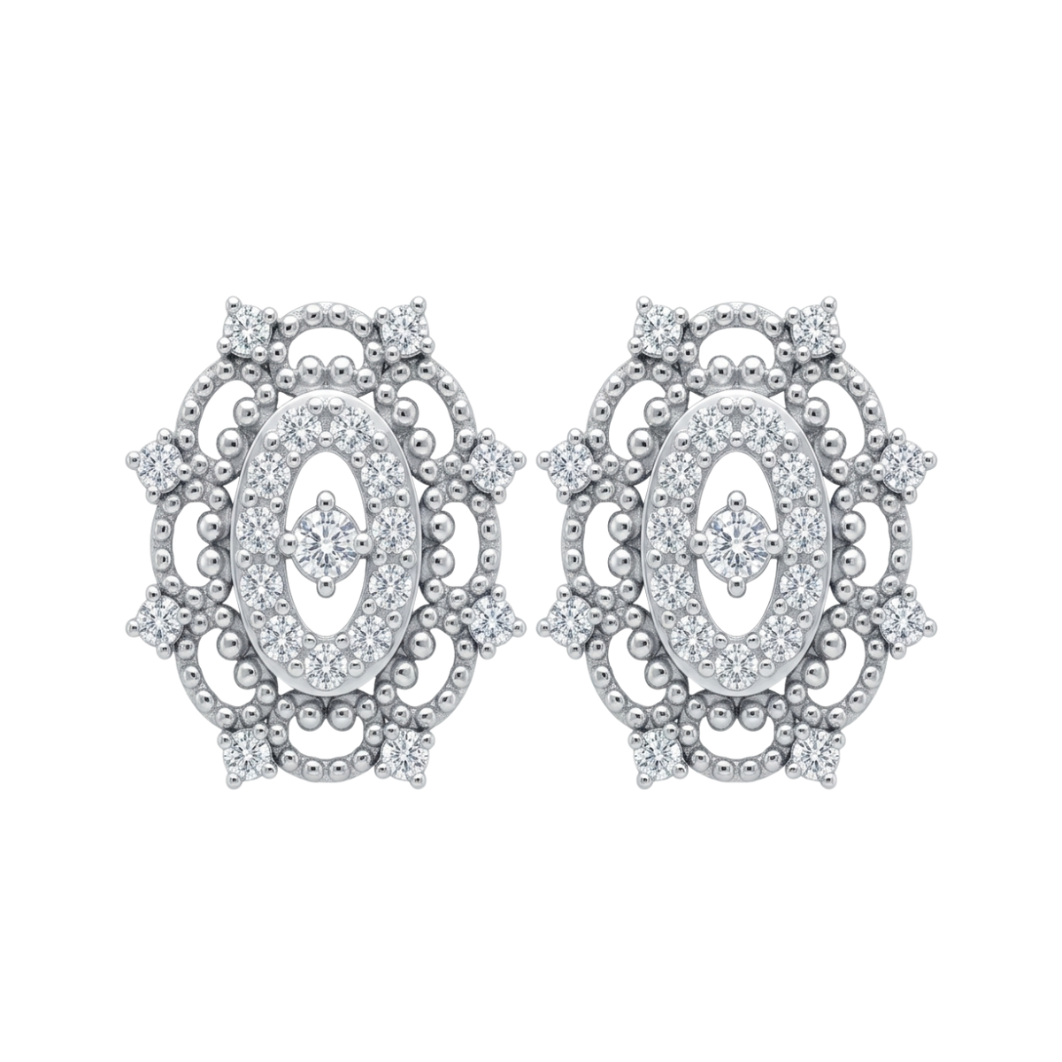 A pair of silver-toned oval filigree stud diamond earrings with clear pavé diamond, shown on a plain white background.