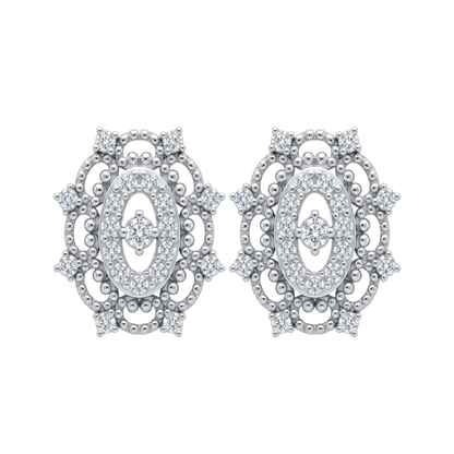 A pair of silver-toned oval filigree stud diamond earrings with clear pavé diamond, shown on a plain white background.