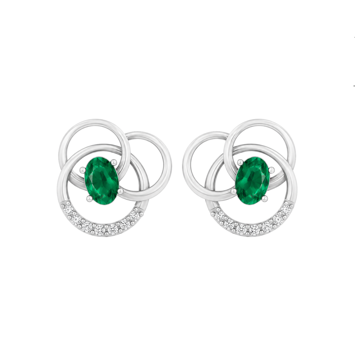 A pair of silver-toned stud diamond  earrings featuring an oval-cut green emerald center stone and a crescent-shaped border set with small clear diamond, shown on a plain white background.