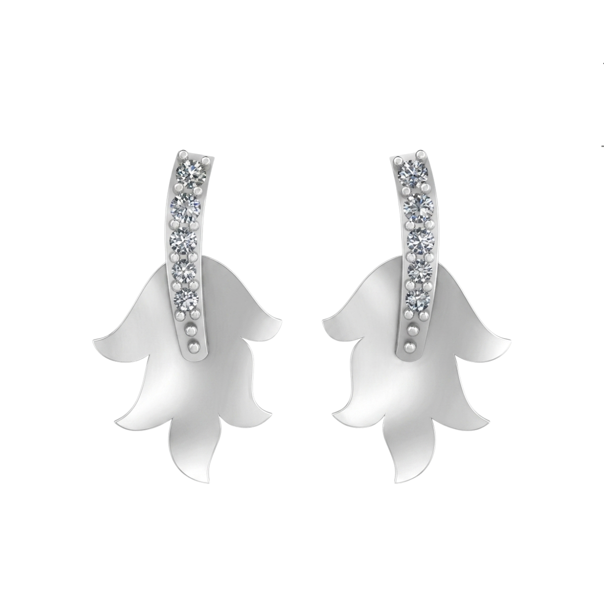 A pair of silver-toned huggie hoop diamond earrings with a petal-shaped drop and a curved top set with small clear diamond, shown on a plain white background.