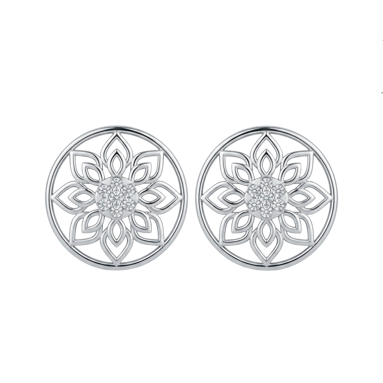 A pair of silver-toned circular stud diamond earrings with an intricate openwork floral mandala design and a small cluster of clear diamond in the center, shown on a plain white background.