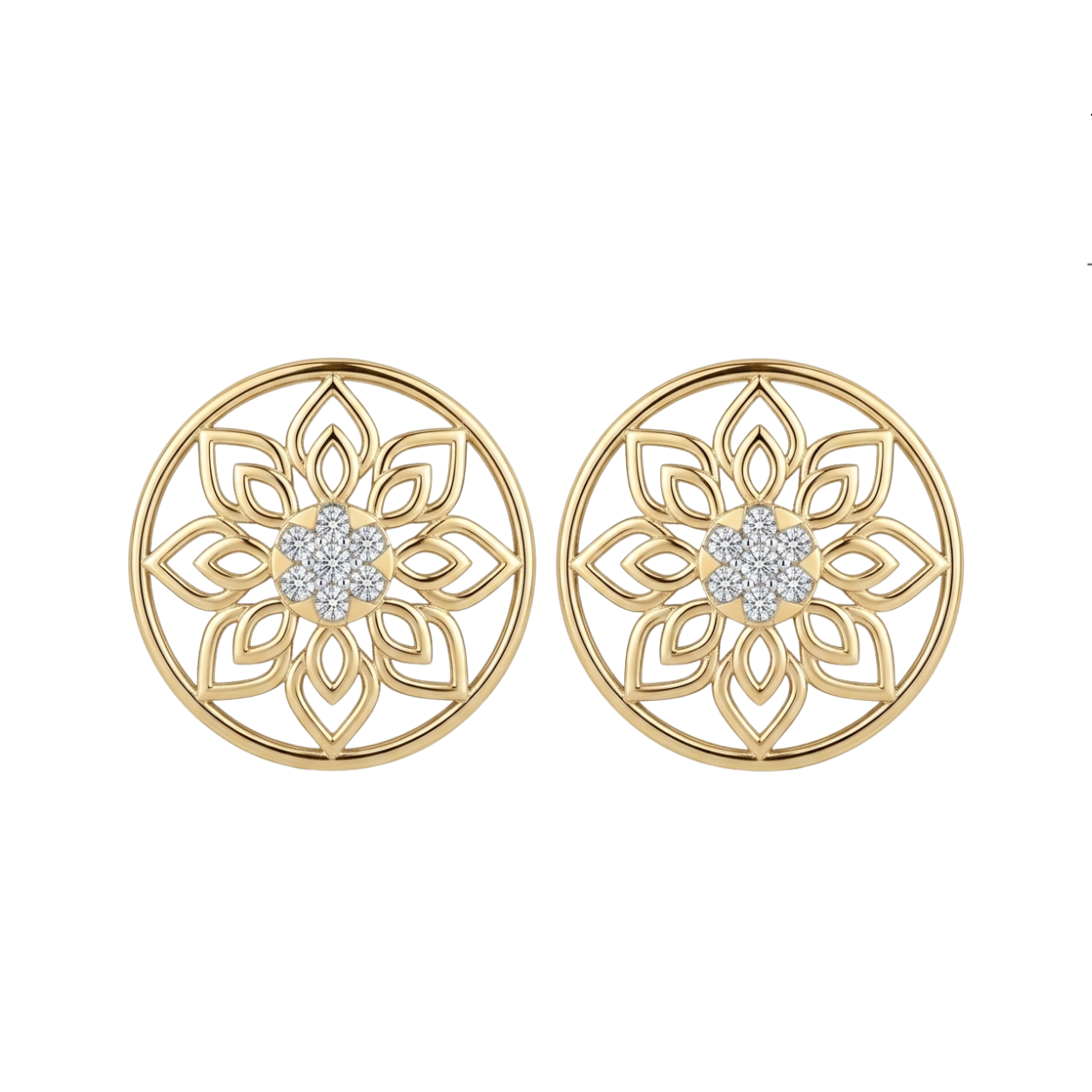 A pair of gold circular stud diamond earrings with an intricate openwork floral mandala design and a small cluster of clear stones in the center, shown on a plain white background.