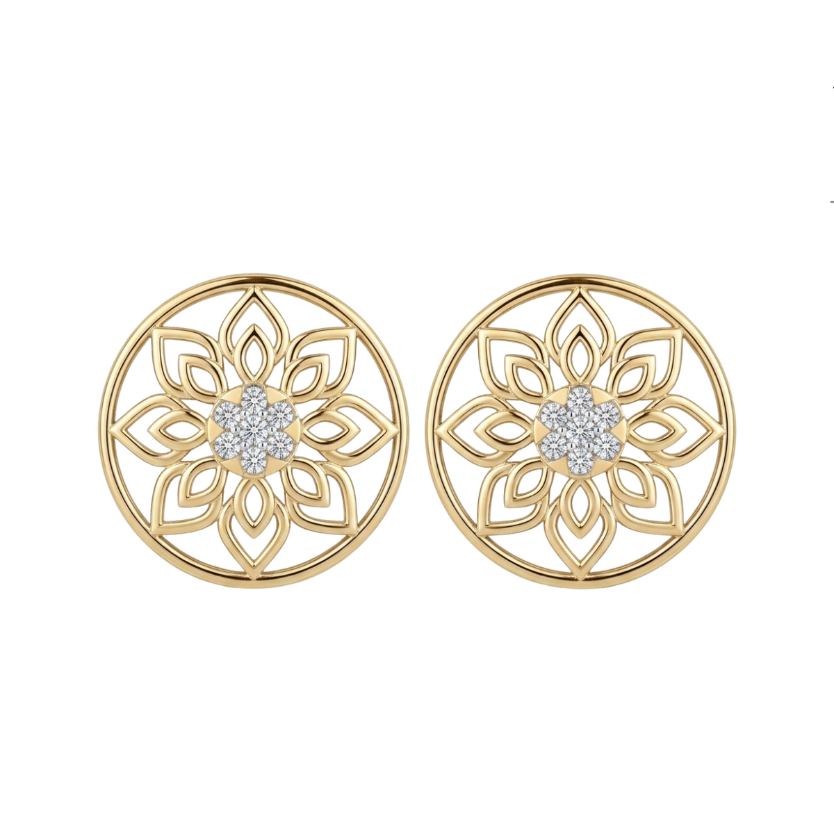 A pair of gold circular stud diamond earrings with an intricate openwork floral mandala design and a small cluster of clear stones in the center, shown on a plain white background.