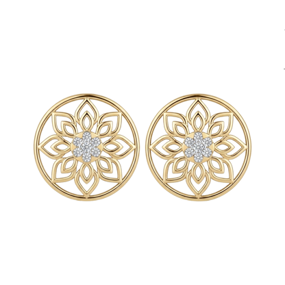 A pair of gold circular stud diamond earrings with an intricate openwork floral mandala design and a small cluster of clear stones in the center, shown on a plain white background.