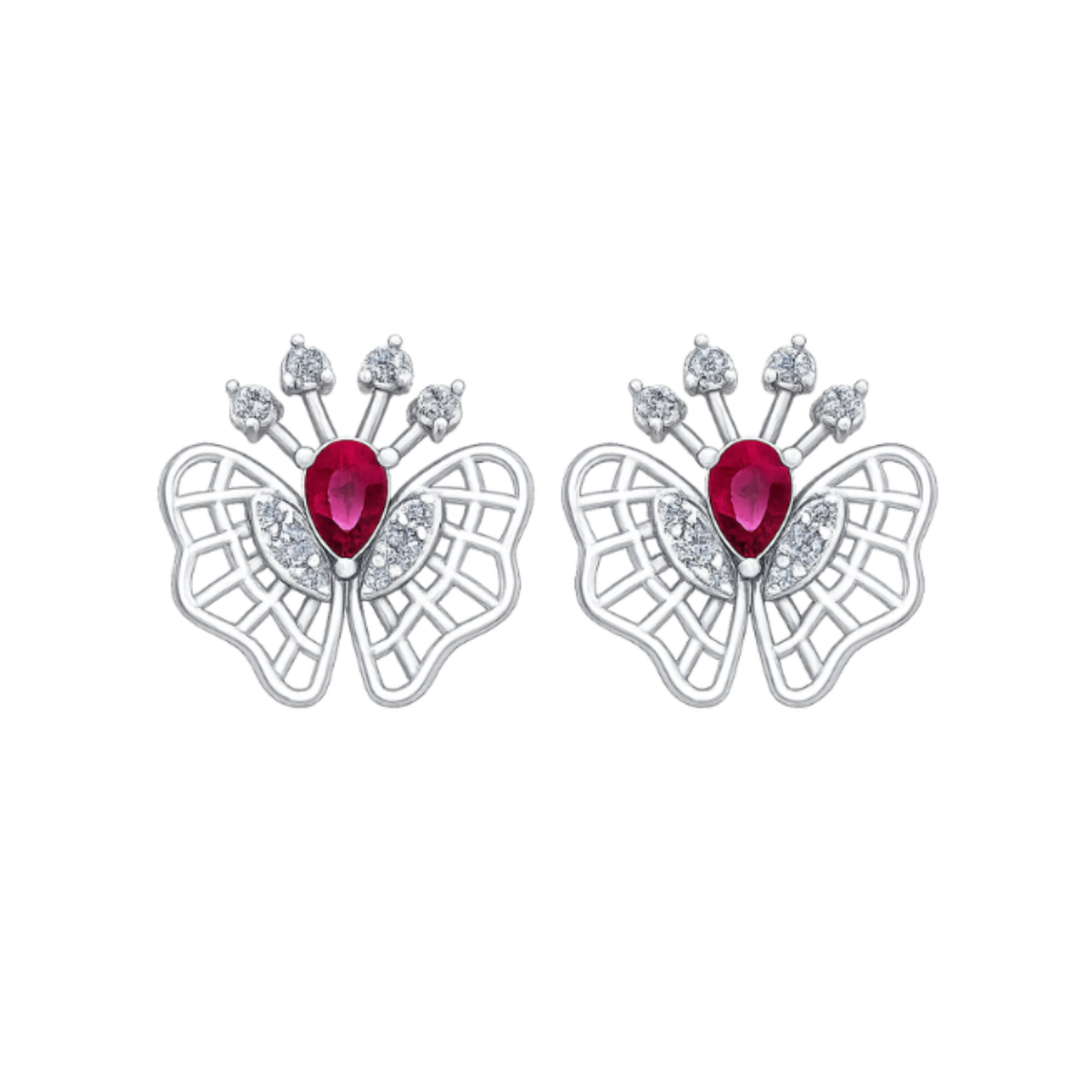 A pair of silver butterfly-shaped stud earrings, each featuring a central teardrop-shaped red Diamond and small clear stones arranged along the upper wing structure, set against a plain white background.