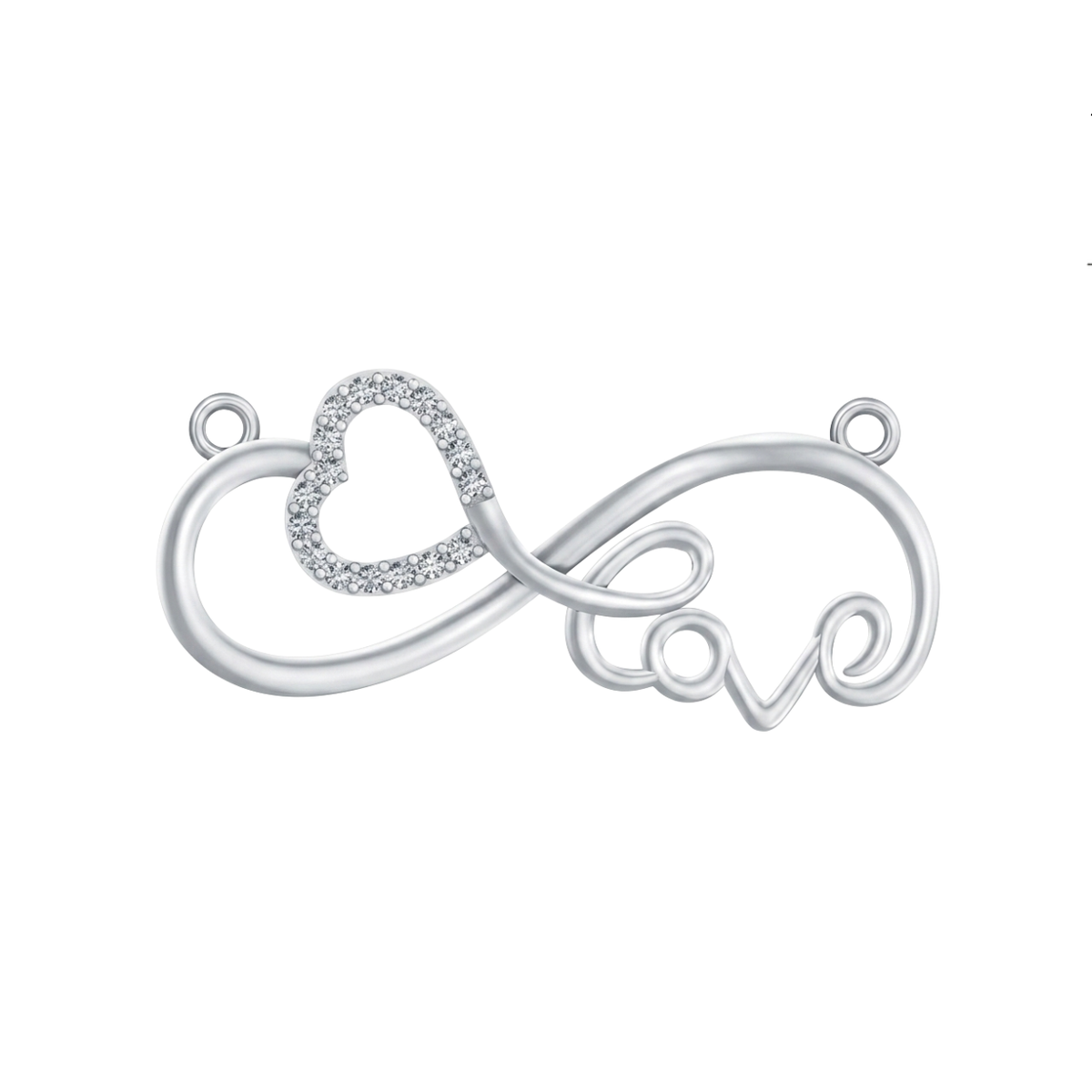 A silver infinity symbol pendant featuring a small heart inlaid with clear diamond, set against a plain white background.