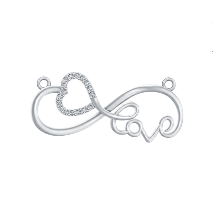 A silver infinity symbol pendant featuring a small heart inlaid with clear diamond, set against a plain white background.