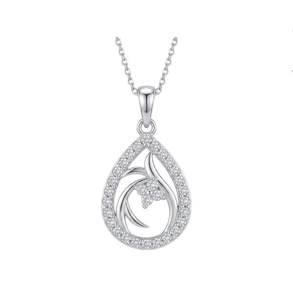 A silver teardrop pendant necklace featuring a floral design set with clear diamonds, suspended from a delicate silver chain against a plain white background.