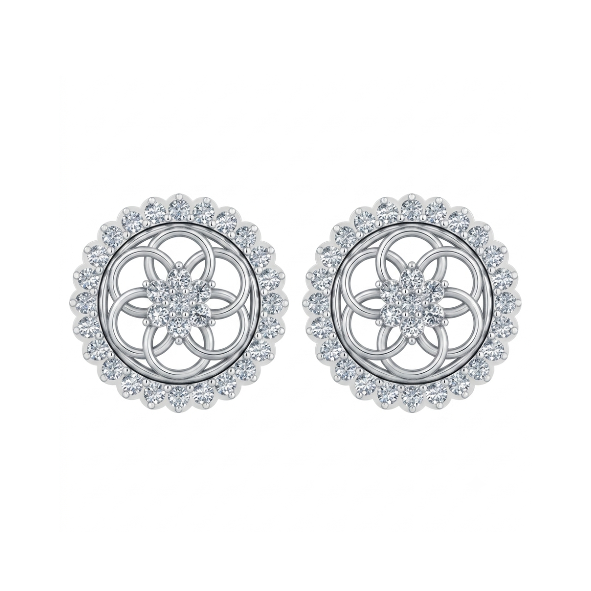A pair of round silver-tone stud earrings with intricate floral and geometric filigree designs, accented with clear diamonds, shown on a plain white background.