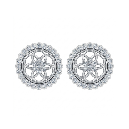 A pair of round silver-tone stud earrings with intricate floral and geometric filigree designs, accented with clear diamonds, shown on a plain white background.