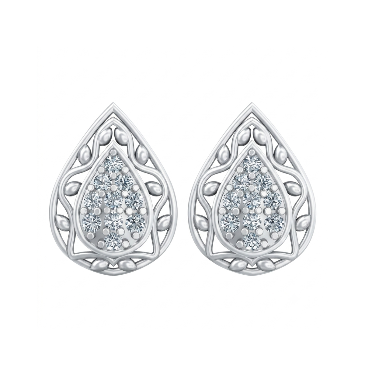 A pair of silver teardrop-shaped stud diamonds earrings with intricate filigree detailing and clear pavé diamonds in the center, shown on a plain white background.