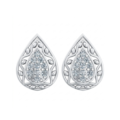 A pair of silver teardrop-shaped stud diamonds earrings with intricate filigree detailing and clear pavé diamonds in the center, shown on a plain white background.