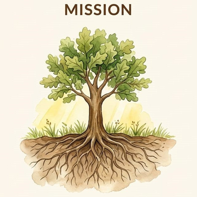 A centered illustrated tree with green leaves, brown trunk and roots, and a pale yellow glow behind it on a light beige background. The word "MISSION" appears above and below the tree in dark brown text.
