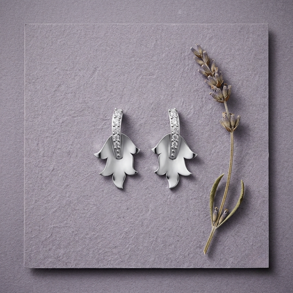 A pair of silver-toned diamond earrings with a leaf-shaped drop and a row of clear diamond at the top, displayed on a square lavender-gray textured card next to a dried lavender sprig.