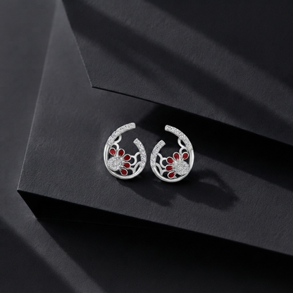 Crimson Bloom Diamond Floral Stud Earrings