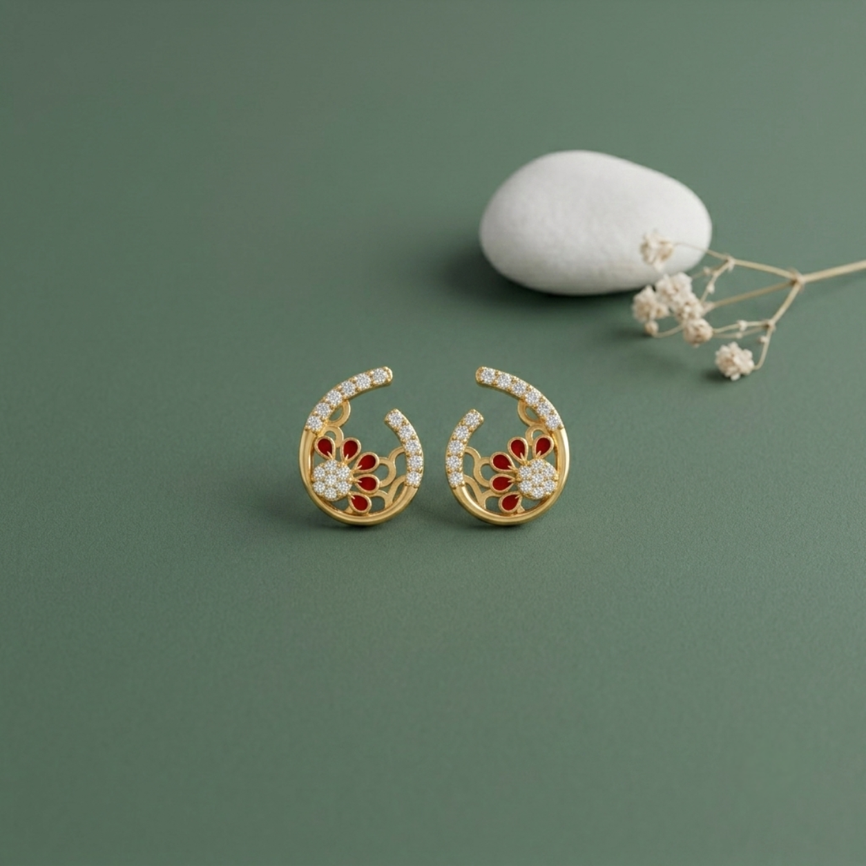 Crimson Bloom Diamond Floral Stud Earrings