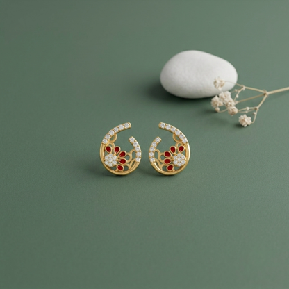 Crimson Bloom Diamond Floral Stud Earrings