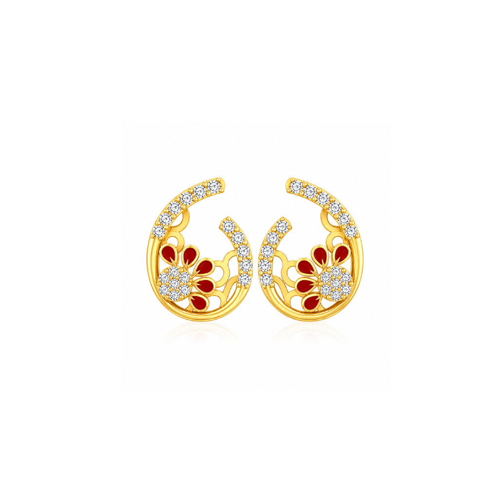 Crimson Bloom Diamond Floral Stud Earrings
