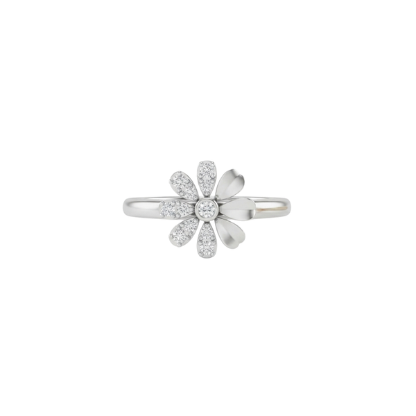 A silver flower ring featuring a five-petal daisy design with pavé-set clear stones and a central round stone, shown on a plain white background.