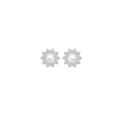 Pearl Blossom Diamond Floral Stud Earrings