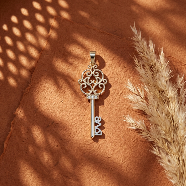 A silver key-shaped pendant with ornate scrollwork and a small clear diamond detail, displayed on a textured terracotta surface with warm sunlight shadows and dried pampas grass.